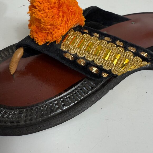 Traditional Ethnic Ahenema Sandals Size 8 Leather Slippers Orange Pom Ghanaian - Picture 14 of 16